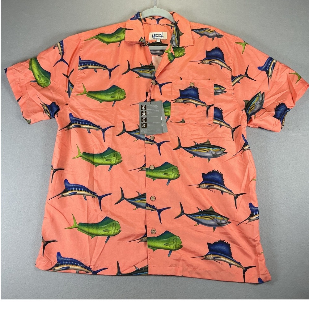 Uzzi Amphibious Gear Mens Coral Fish Print Dri-Fit Performance Aloha Shirt M NEW